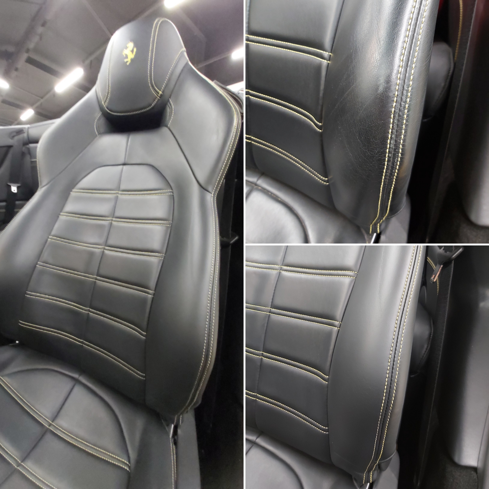 Skórzany fotel auta Ferrari, przedstawienie detali z bliska, czarna skóra z żółtymi przeszyciami, efekt profesjonalnej renowacji.