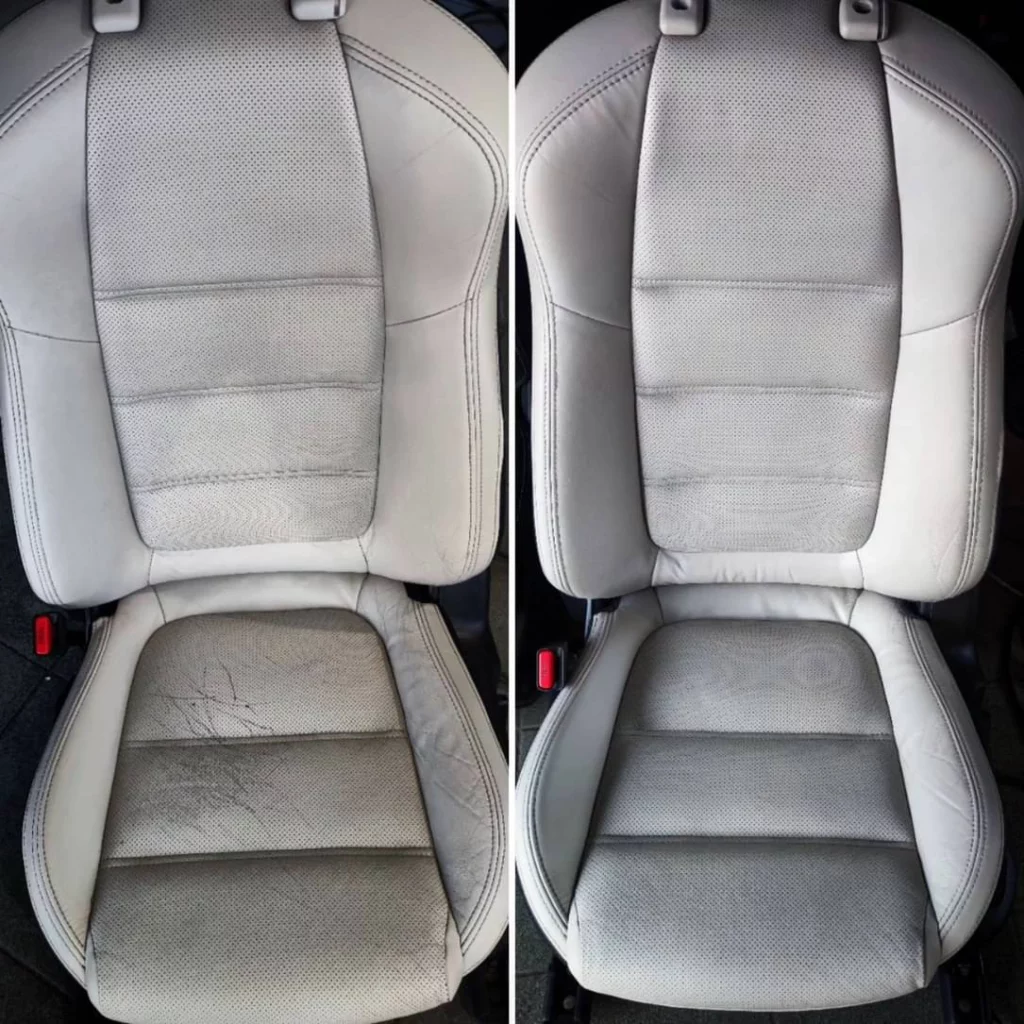 Pokazanie efektów pracy doświadczonego tapicera na Śląsku, który wykonał rzetelną pracę na białym fotelu od kierowcy Mazdy. Zdjęcia fotela przed i po, które przedstawiają w pełni i bardzo dobrze odnowiony fotel samochodu.